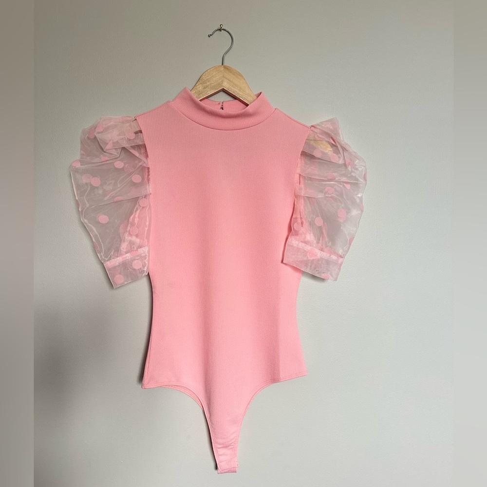 Women’s Pink Bodysuit with Sheer Polka Dot Sleeves